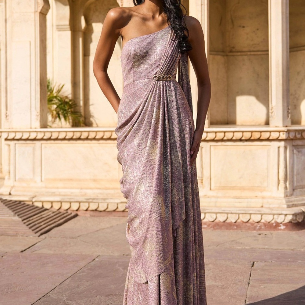 One-Shoulder Blush and Gold Saree Gown